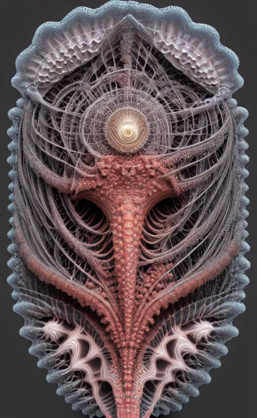 Image similar to gothic goddess intricate mask, eagle coral, jelly fish, mandelbulb 3 d, fractal flame, octane render, cyborg, biomechanical, futuristic, by ernst haeckel