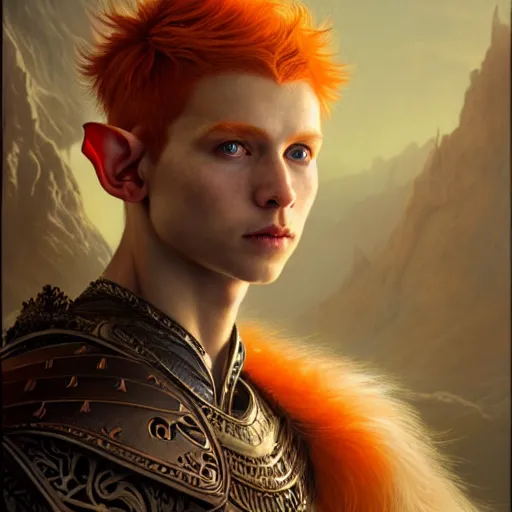 Image similar to portrait painting of very young elf with short light orange hair and tribal tattoos on his face wearing fur armor, ultra realistic, concept art, intricate details, eerie, highly detailed, photorealistic, octane render, 8 k, unreal engine. art by artgerm and greg rutkowski and charlie bowater and magali villeneuve and alphonse mucha