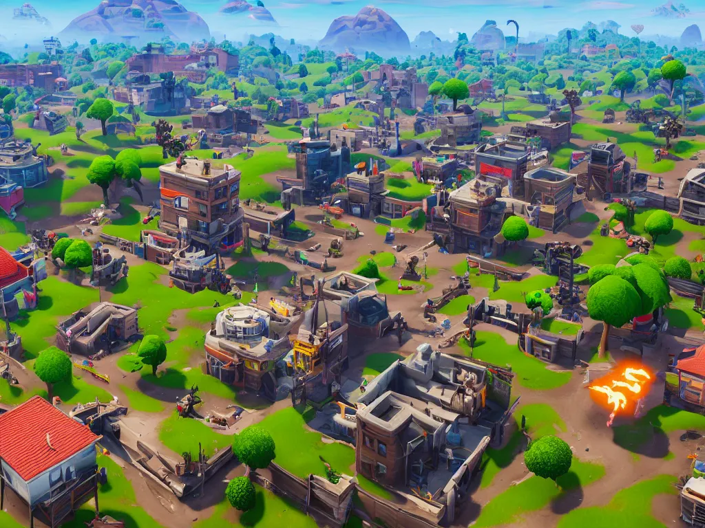 Image similar to fortnite tilted towers, 4k detailed, unreal engine, very very well detailed image, 8k