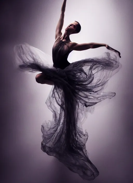 Image similar to a Photorealistic dramatic hyperrealistic render of a glamorous beautiful Female smoke dancer by Ken Brower and Deborah Ory of NYC Dance project,Lois Greenfield,Flowing cloth and smoke,Beautiful dynamic dramatic dark moody lighting,volumetric,shadows,cinematic atmosphere,Octane render,8K