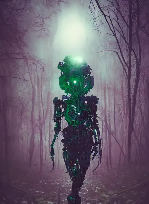 Prompt: a small psychedelic surreal horror cyborg in the chaotic spirit forest, bizarre conceptual art, filmic, fulcolor octane reminder, cinematic, ultra - realistic