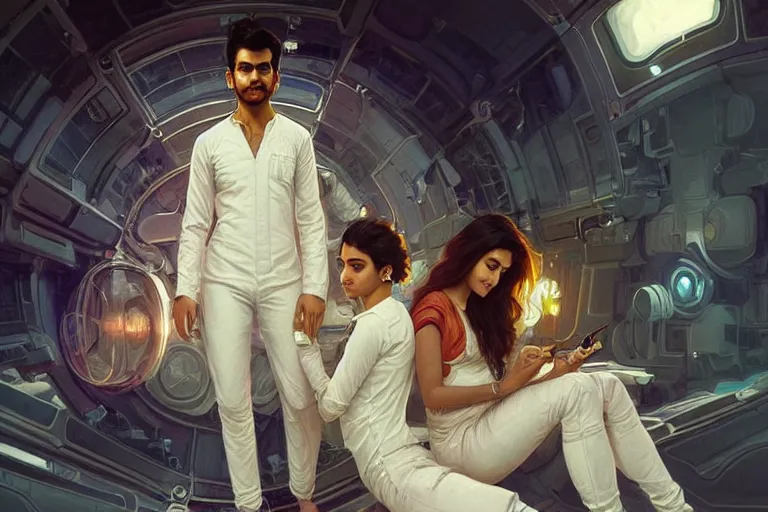 Image similar to Sensual good looking pale young Indian doctors wearing jeans in a space station above Earth, portrait, elegant, intricate, digital painting, artstation, concept art, smooth, sharp focus, illustration, art by artgerm and greg rutkowski and alphonse mucha