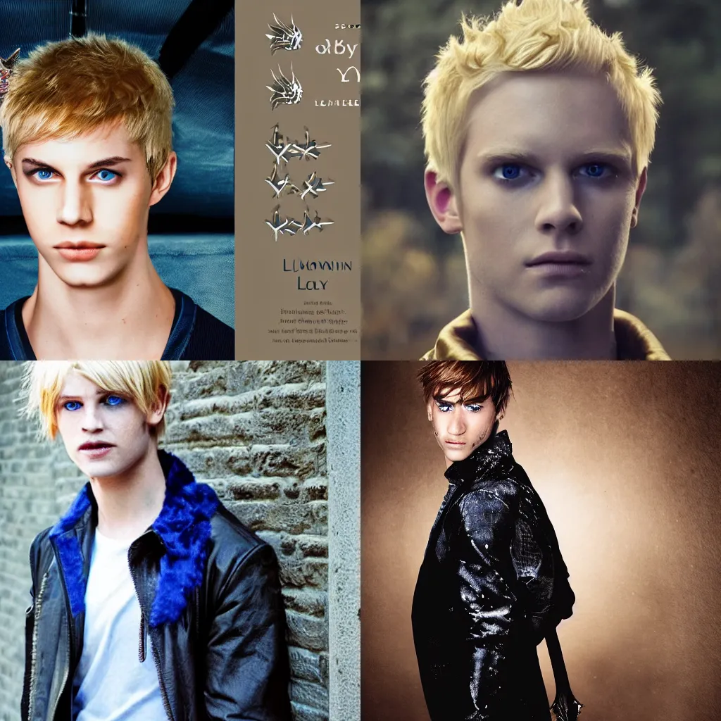 Prompt: a blond young man with luminescent glittering blue eyes and demon horns and a spiked tail. Toby Lewin