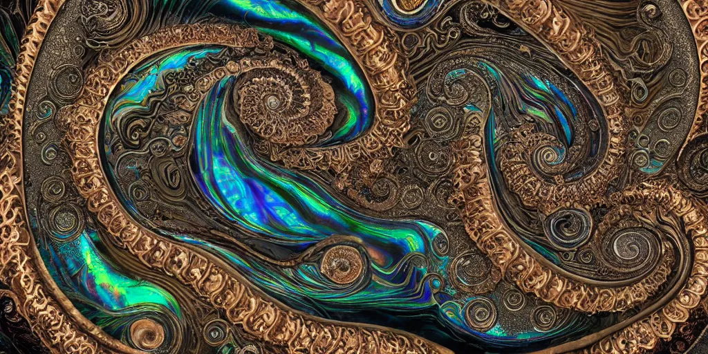 Image similar to art nouveau cresting oil slick waves, ammonite, hyperdetailed bubbles in a shiny iridescent oil slick wave, black opals, ornate copper patina spiral ornament, rococo, organic rippling spirals, hyperdetailed photorealistic ultrasharp octane render