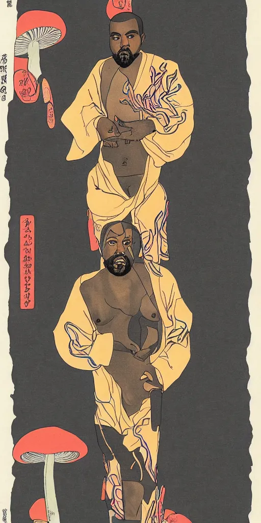 Image similar to a full body portrait of kanye west taking a bite of a giant psychedelic mushroom, ukio-e style,