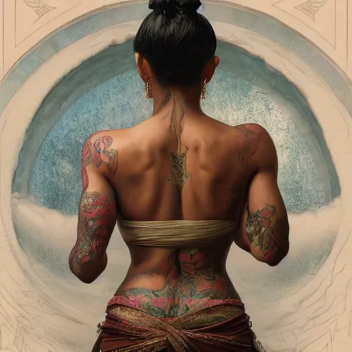 Image similar to zoomed out portrait painting of a muscular bloodied bengali woman lower back, tattooed, ultra realistic, concept art, intricate details, eerie, highly detailed, photorealistic, octane render, 8 k, unreal engine. art by artgerm and greg rutkowski and alphonse mucha