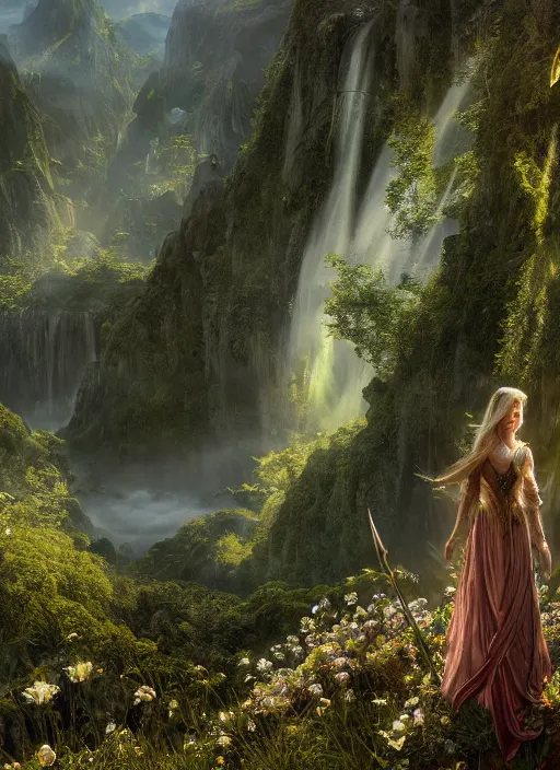 Image similar to an elven princess with wings of lace in the lord of the rings scenery landscape, looking out at a vast lush valley of fairy homes, flowers, sunrise, god's rays highly detailed, vivid color, cinematic lighting, perfect composition, 8 k, gustave dore, derek zabrocki, greg rutkowski, belsinski, octane render