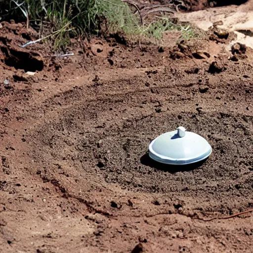 Image similar to a saucer shaped ufo stuck vertically in the dirt after crashing,