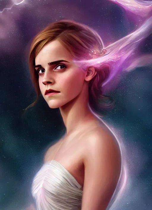Prompt: emma watson as nature magic celestial, superwoman pose, long hair, soft pink and white transparent cloth, space, D&D, shiny background, intricate, elegant, highly detailed, digital painting, artstation, concept art, smooth, sharp focus, illustration, artgerm, bouguereau