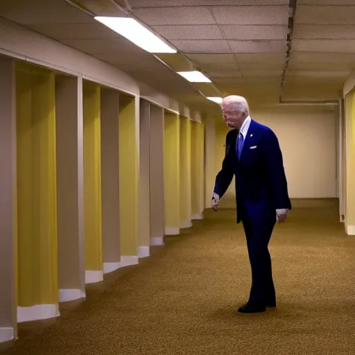 Image similar to Joe Biden lost in the backrooms, old moist carpet, mono-yellow, fluorescent lights, randomly segmented rooms, eerie