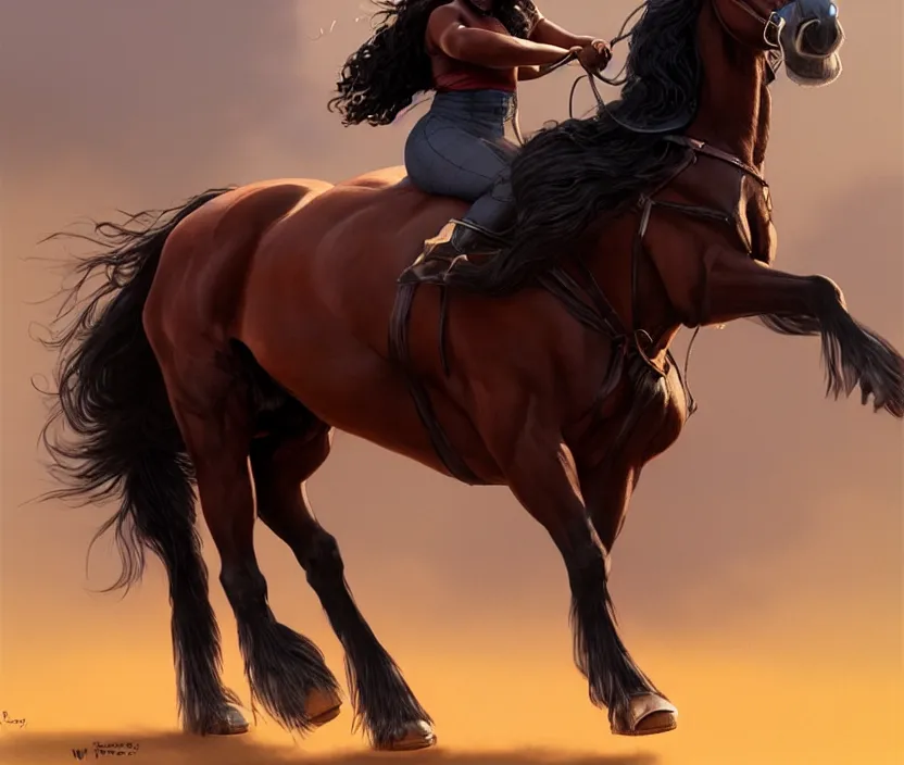 Prompt: full body portrait of beautiful black woman riding a clydesdale, cinematic, highly detailed, digital painting, artstation, concept art, smooth, sharp focus, illustration, face by wlop, illustrated by mars ravelo and greg rutkowski