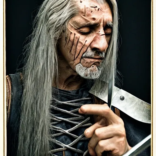 Image similar to man with a long grey hair and scars on his face pointing his sword towards while he's crying