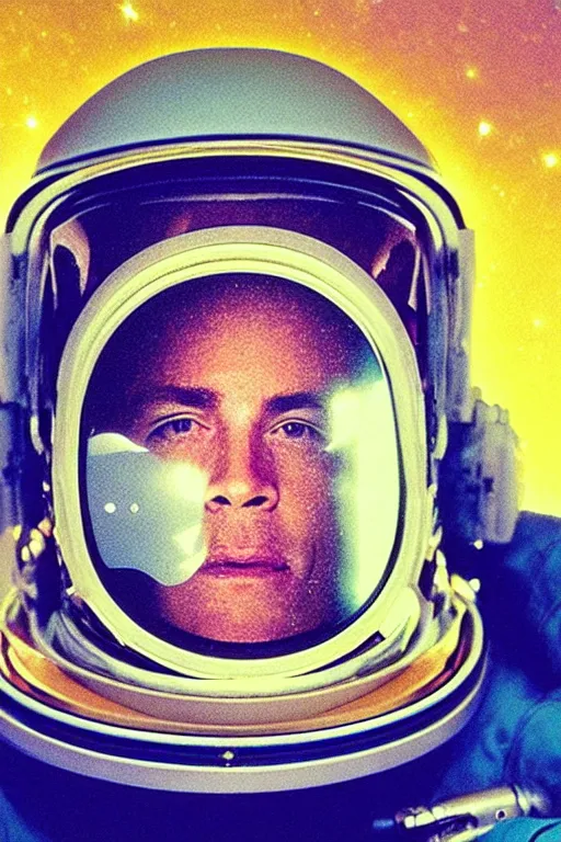 Image similar to extremely detailed studio portrait of space astronaut, holds an iphone in one hand, iphone held up to visor, reflection of iphone in visor, moon, extreme close shot, soft light, golden glow, award winning photo by david lachapelle