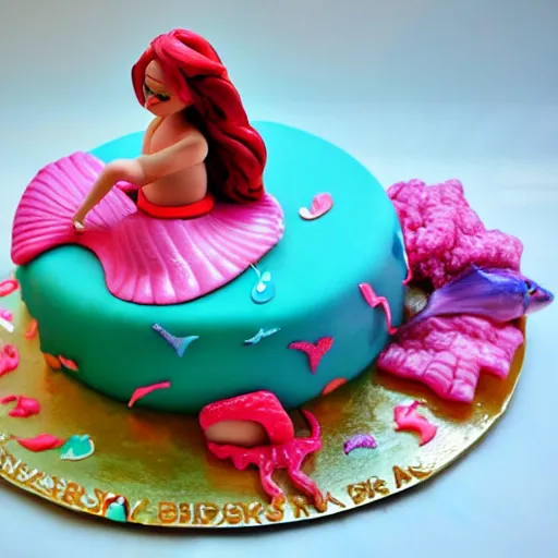 Image similar to mermaid themed birthday cake, food photography, made of meat,