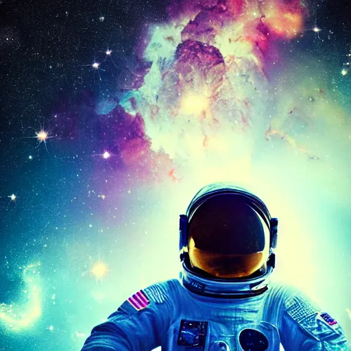 Image similar to close up of an astronaut staring into space, nebula behind him, stunning digital art