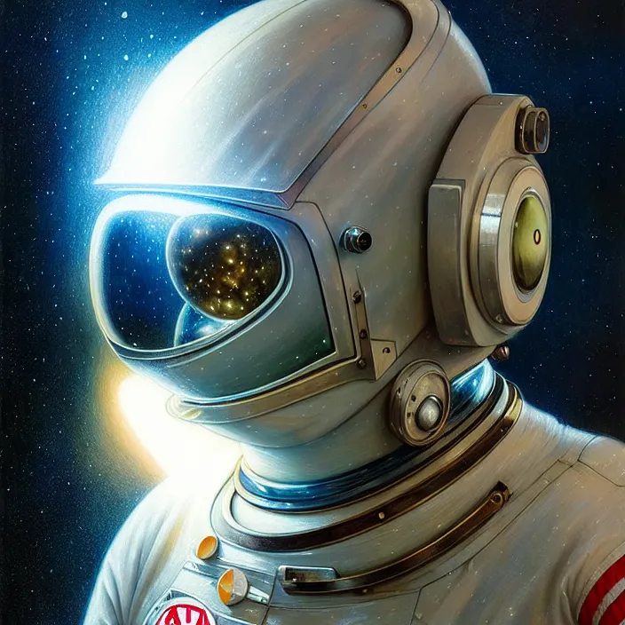 Image similar to ultra realistic retro futuristic astronaut helmet, lens flare, diffuse lighting, fantasy, intricate, elegant, highly detailed, lifelike, photorealistic, digital painting, artstation, illustration, concept art, smooth, sharp focus, art by John Collier and Albert Aublet and Krenz Cushart and Artem Demura and Alphonse Mucha