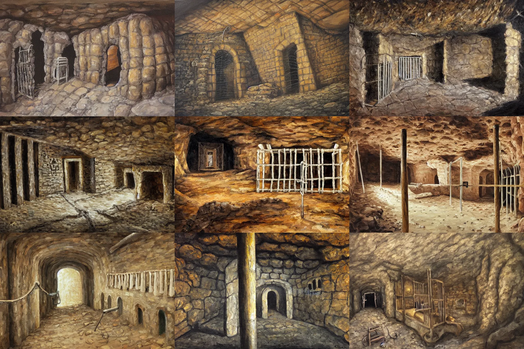 Prompt: full length painting of prison cell with jail bars inside a cave with prison bars, highly detailed, high resolution, oil in canvas