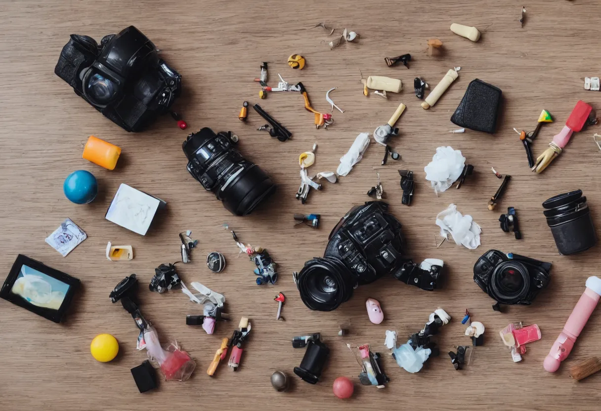 Image similar to wide dslr photo still of an occult toy on a table cluttered with drug paraphernalia