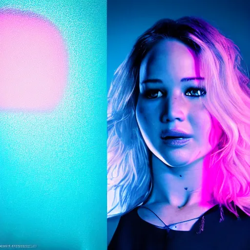 Prompt: photoshoot of Jennifer Lawrence, blue and pink lighting, professional photography,