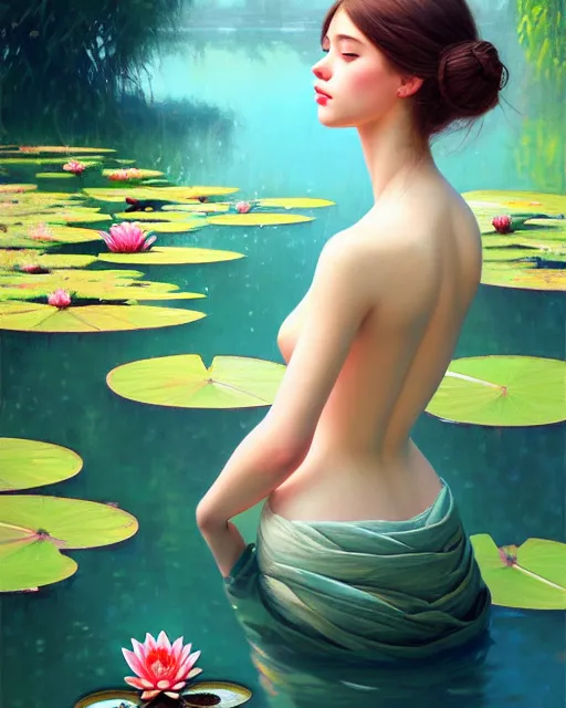 Prompt: stylized portrait of an artistic pose, composition, young lady sorrounded by nature, water lilies, flowers, realistic shaded, fine details, realistic shaded lighting poster by ilya kuvshinov, magali villeneuve, artgerm, jeremy lipkin and michael garmash and rob rey