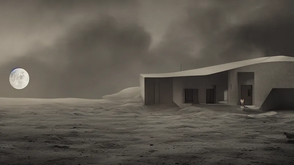Prompt: a house on the moon designed by Nery Oxman, cinematic photography, dark atmosphere, high resolution 4k