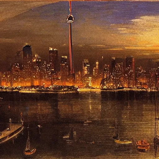 Image similar to toronto at night, painting by diego velazquez, very detailed