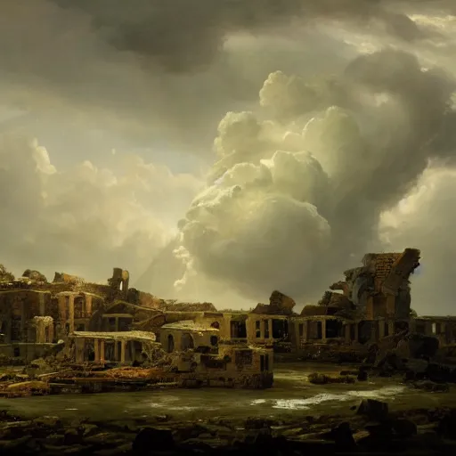 Prompt: Panorama view of a hurricane lifting the ruins of a bastion into the sky, flying island, oil painting, by Greg Rutkowski