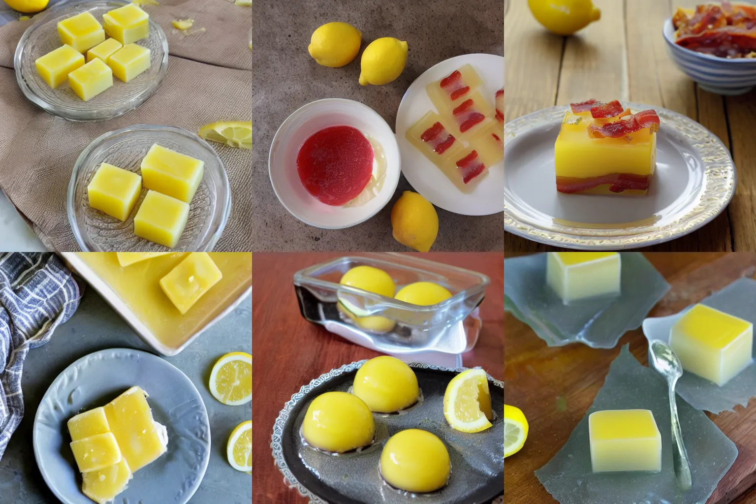 Prompt: delicious lemon and bacon gelatin, food blog photo