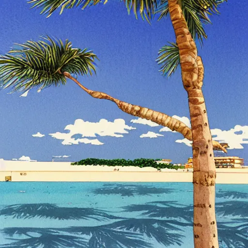 Prompt: Okinawa beach with blue skies and palm trees, intricate, watercolor, by Hiroshi Nagai, trending on Artstation
