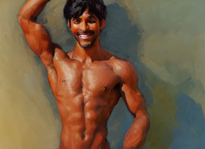 Image similar to a highly detailed beautiful portrait of a short brown haired brown skinned genie, with abs, smiling, by gregory manchess, james gurney, james jean
