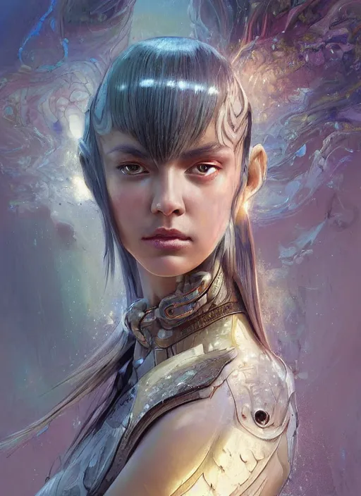 Image similar to a professional painting of a beautiful young female alien, clothed in ethereal armor, olive skin, long dark hair, beautiful bone structure, symmetrical facial features, intricate, elegant, digital painting, concept art, smooth, sharp focus, illustration, from Valerian and the City of a Thousand Planets, by Ruan Jia and Mandy Jurgens and Artgerm and William-Adolphe Bouguerea