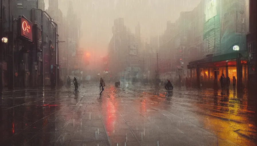 Image similar to A digital painting of a close-up view of a raining cyberpunk street, some street lights and padestrians, by Ismail Inceoglu and Caspar David Friedrich, stunning, photorealistic, highly-detailed, 4k, ue5, light effect, rtx on, realistic, cinematic, IMAX quality, trending on artstation