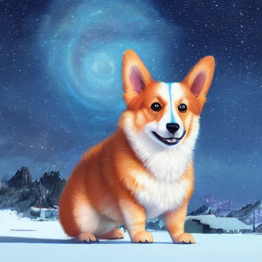 Prompt: beautiful digital painting of an adorable corgi puppy, hyperrealistic, snowy background, starry sky, extremely detailed, greg rutkowski, artgerm, moebius, simon stalenhag, ruan jia, makoto shinkai, trending on artstation, award - winning, masterpiece, 8 k