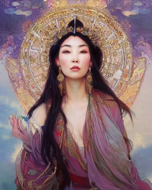 Prompt: a beautiful close up portrait of an asian sorceress sitting with elegant looks, flowing robe, ornate and flowing, intricate and soft by ruan jia, tom bagshaw, alphonse mucha, krenz cushart, beautiful chinese architectural ruins in the background, epic sky, vray render, artstation, deviantart, pinterest, 5 0 0 px models
