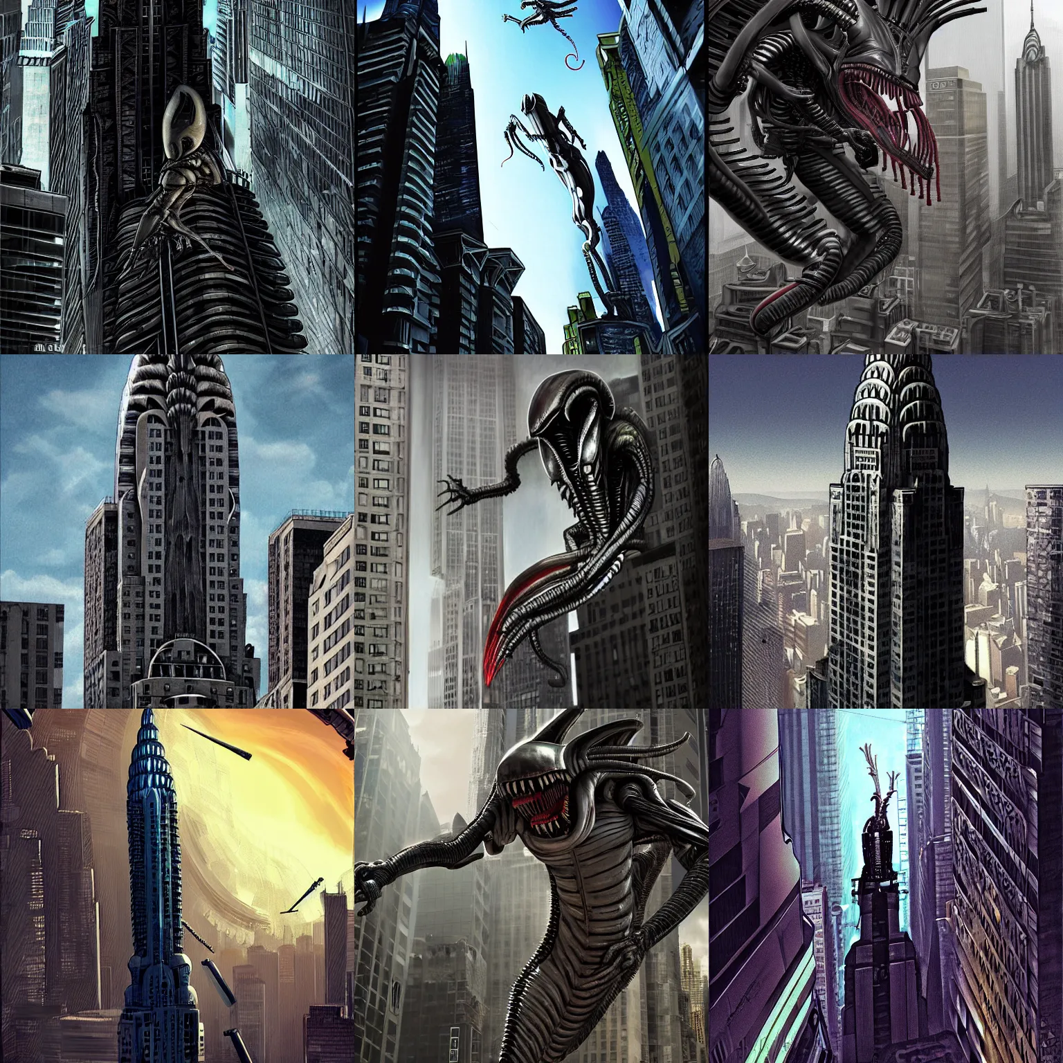 Prompt: a giant xenomorph climbing the chrysler building, apocalyptic, threatening, digital art trending on artstation