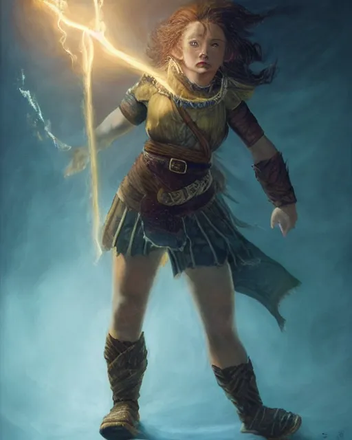 Image similar to full body portrait of a female halfling hobbit monk fistfighter, hallucinating a holy vision of her goddess of mist and light, flowing robes and leather armor, detailed dynamic light painting by albrecht anker