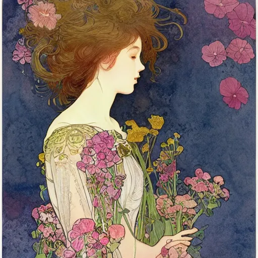 Prompt: a beautiful intricate watercolor illustration of a dreaming girl with flowers, leaves, 4 k, ultra - wide angle, by william turner, by victo ngai, by alphonse mucha, by gustav klimt, hd, trending on artstation, hyper detailed, muted intense colors
