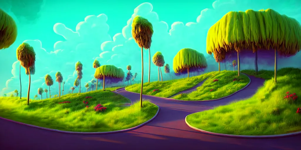 Prompt: curled perspective digital art of curly clouds cobblestone street with wildflowers to a casino in top of a hill with curly palmtrees by anton fadeev from nightmare before christmas, smoke