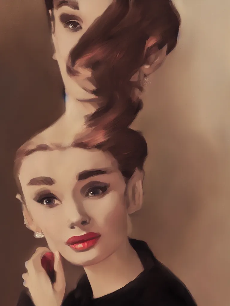 Image similar to a portrait of Audrey Hepburn, glamorous setting, vivid colors, soft lighting, atmospheric, cinematic, moody, in the style of Ross Tran, oil on canvas, 8k