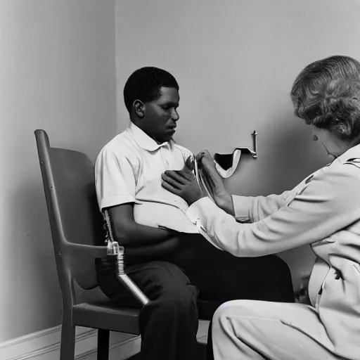 Image similar to a man sitting on a chair having his blood pressure measured by a nurse, color photograph