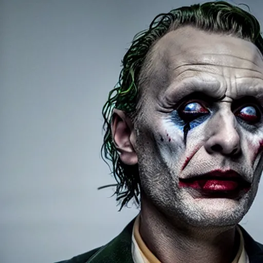 Image similar to mads mikkelsen as the joker, still from movie directed by martin Scorcese