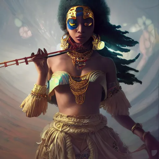 Image similar to the portrait, masked swahili female violinist, exotic costumes, gold jewelry, black dreads hair ， illustration by wenjun lin, irakli nadar, bright colors, octopath traveler, wenjun lin, unreal engine 5 highly rendered, global illumination, radiant light, detailed and intricate environment