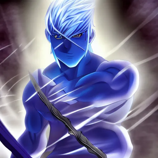 Prompt: four handed muscular man, blue skin, swords in hands, anime HD, anime,