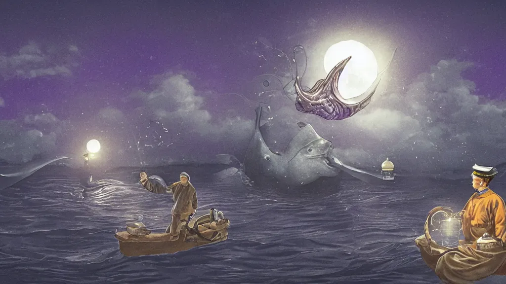 Image similar to a giant anglerfish at the surface of the water meets a sailor with a lantern on a sloop, background with large full moon and purple sky, intricate, accurate details