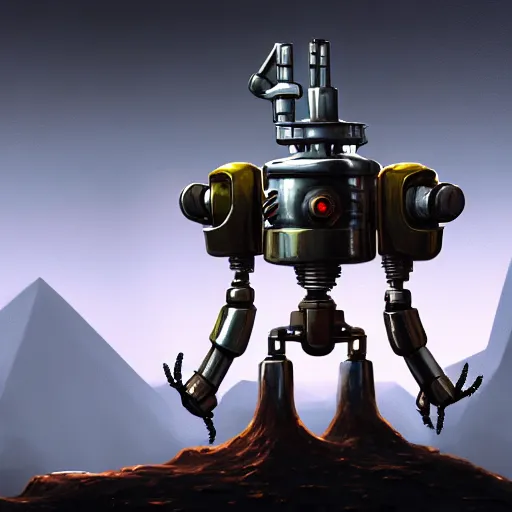 Prompt: a tarnished chrome drilling robot with six legs that has a semisphere for a head, caves of qud, matte oil painting, retrofuturistic, concept art, science fantasy, rpg, epic, sharp focus, dungeons & dragons, award - winning, extremely detailed, 4 k, 8 k