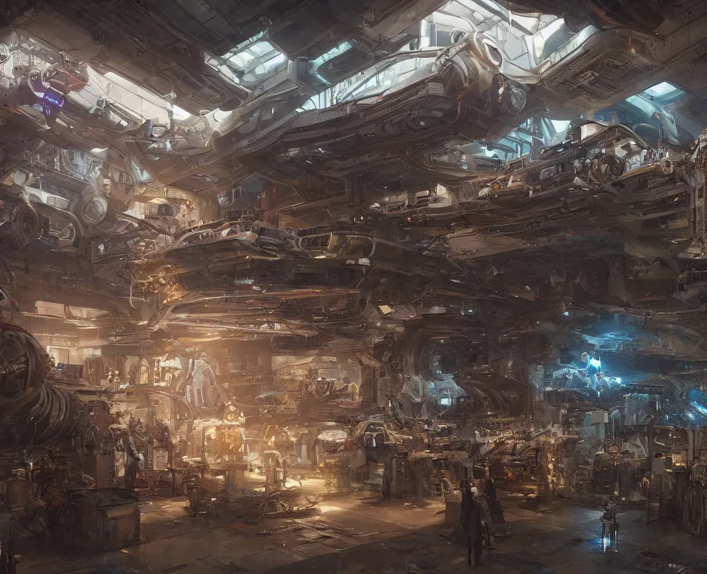 Prompt: the inside of a futuristic mechanic spaceshop, highly detailed interior, holographic screen in center frame by peter mohrbacher and craig mullins, dieselpunk, cyberpunk, firefly, cryengine render, hyper realism, realistic shading, cinematic composition, realistic render, octane render, detailed textures, photorealistic, wide shot, fanciful, colorful