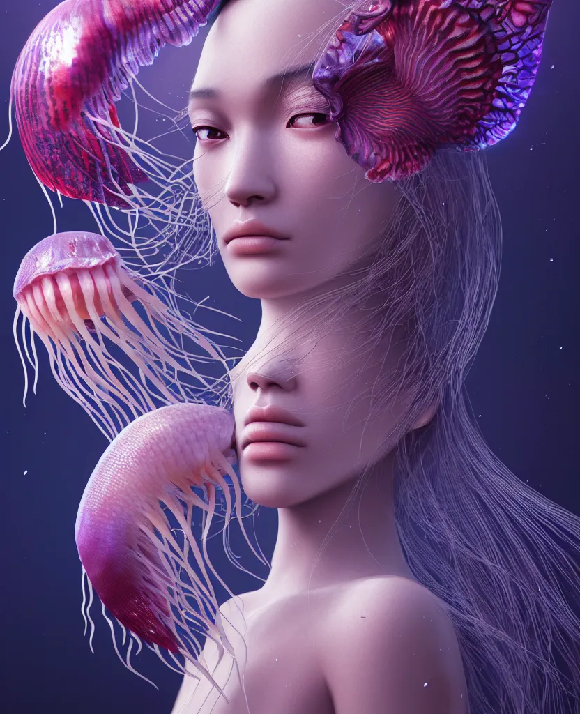 Image similar to goddess close-up portrait. jellyfish phoenix head, nautilus, orchid, skull, betta fish, bioluminiscent creatures, intricate artwork by Tooth Wu and wlop and beeple. octane render, trending on artstation, greg rutkowski very coherent symmetrical artwork. cinematic, hyper realism, high detail, octane render, 8k