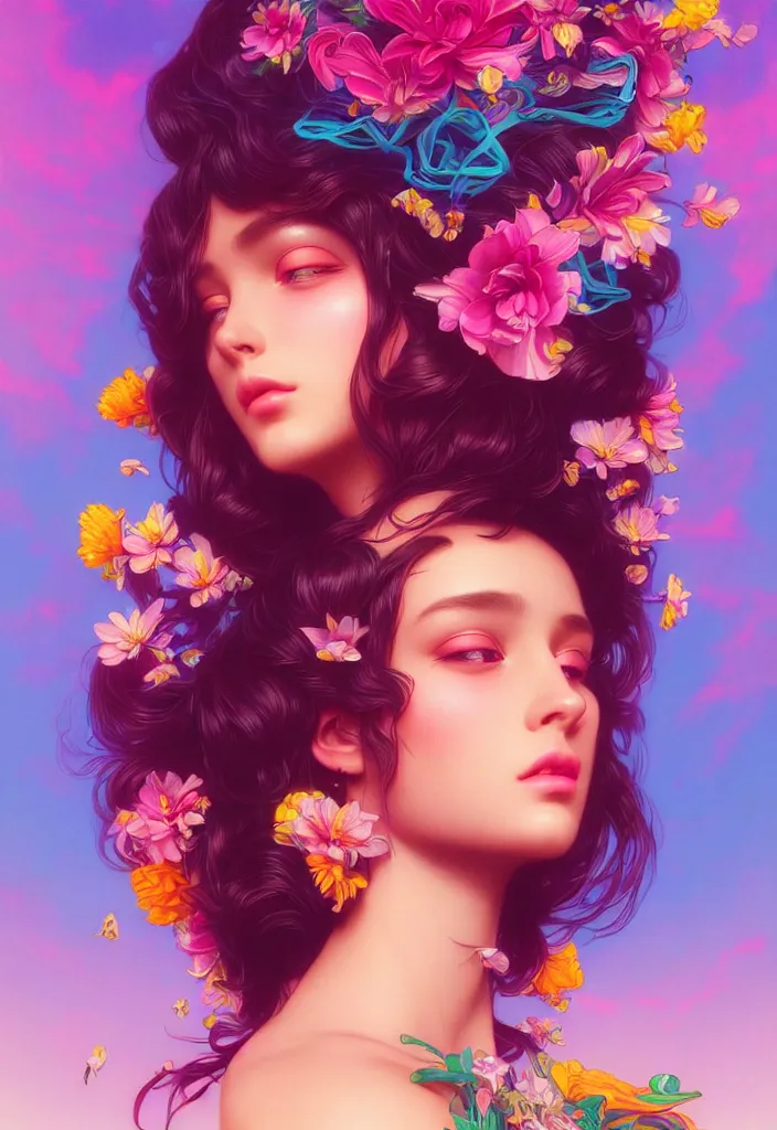 Image similar to young beautiful woman, gorgeous face, vaporwave aesthetic, synthwave, colorful, psychedelic, artstation, flowers, bees, ribbons, concept art, smooth, extremely sharp detail, finely tuned detail, 8 k, unreal engine 5, ultra sharp focus, illustration, art by artgerm and greg rutkowski and alphonse mucha