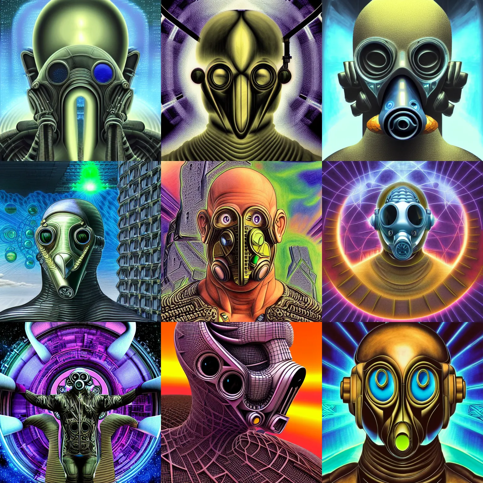 Prompt: a detailed 3 d render of a fashionable vin diesel extraterrestrial wearing a cybernetic majick celtic gas mask among the buildings of futuristic landscape in the style of william blake and alex grey and escher in the style of dark fantasy, fantasy art deco, magic realism, award winning art, muted colors,