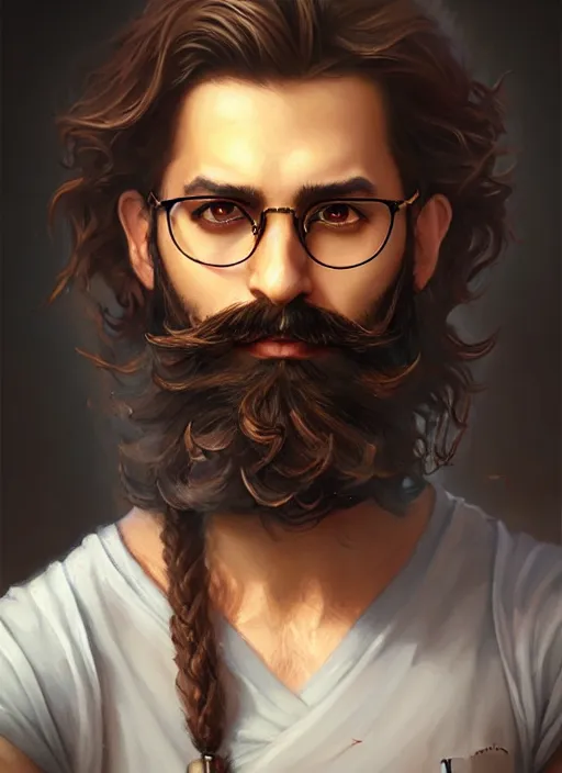 Prompt: a _ fantasy _ style _ portrait _ painting _ of middle eastern male brown wavy hair glasses beard, rpg dnd oil _ painting _ unreal _ 5 _ daz. _ rpg _ portrait _ extremely _ detailed _ artgerm _ greg _ rutkowski _ greg